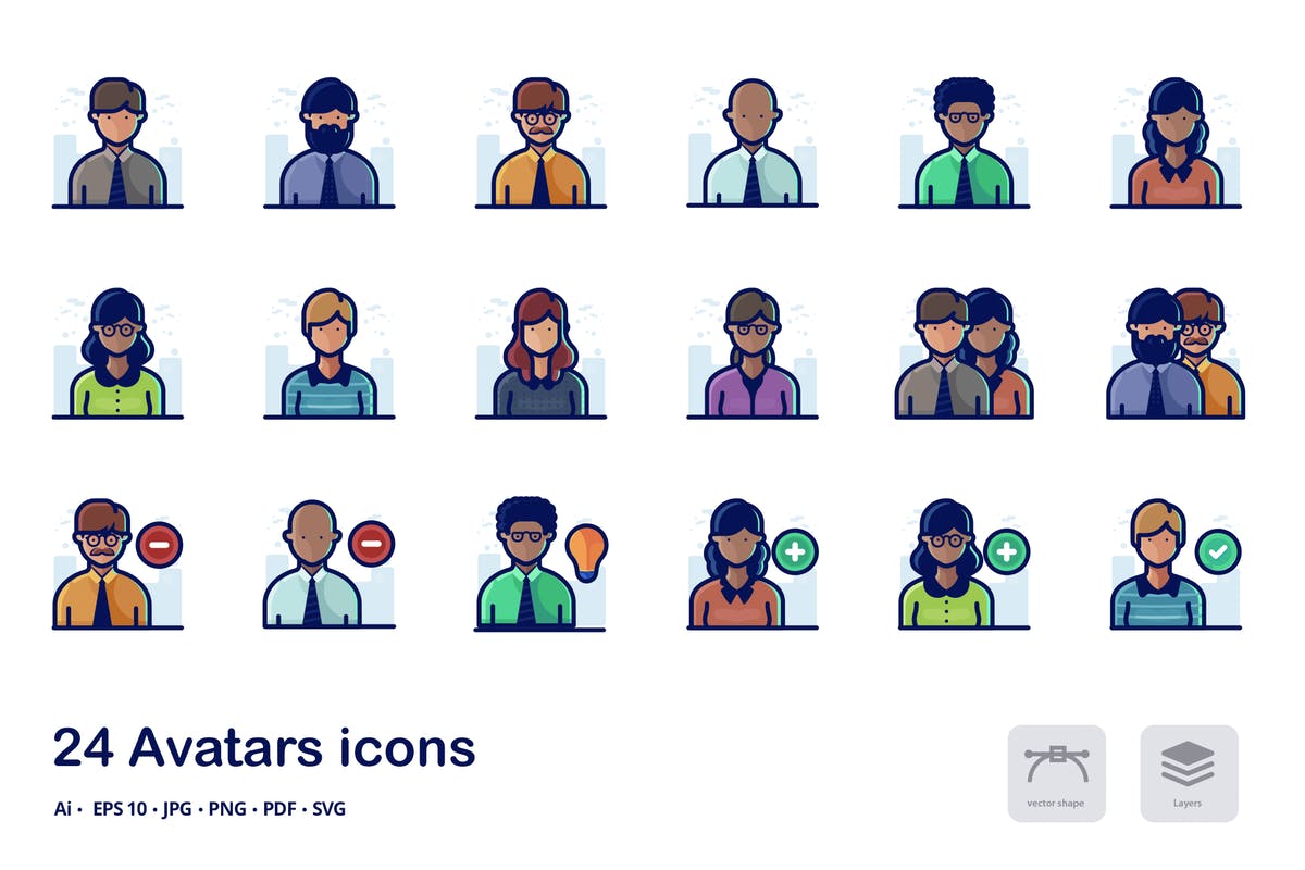 人物头像概念矢量描边图标合集 Avatars Detailed filled outline icons