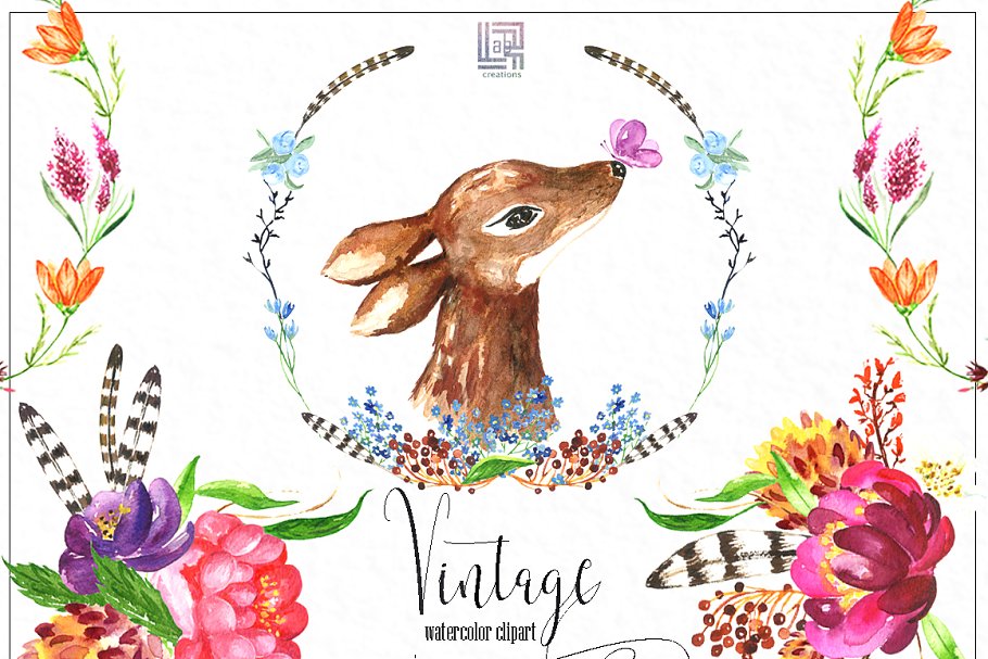 复古花卉和浆果水彩画插画 Vintage flowers & berry Watercolor