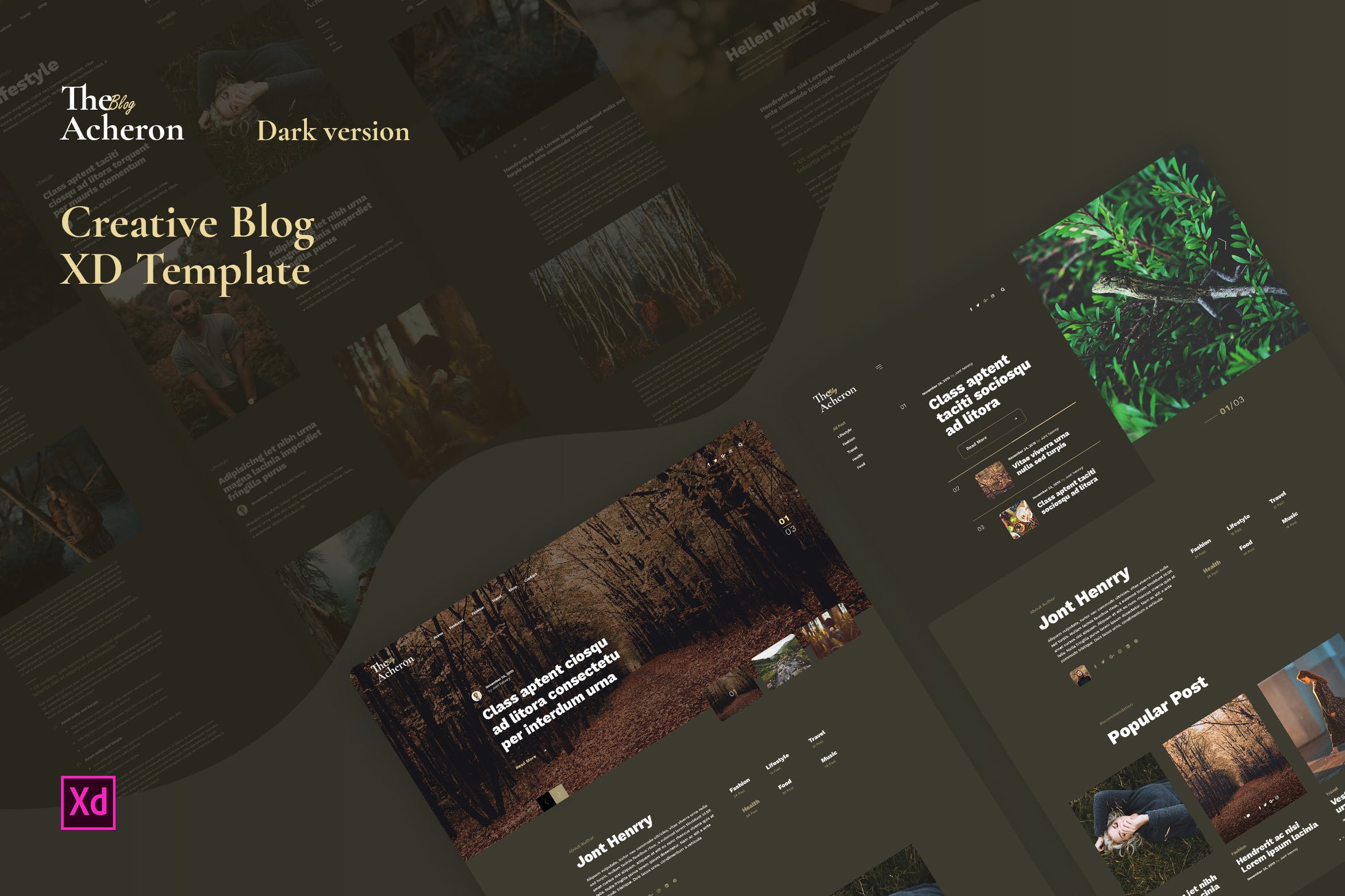 创意博客网站夜间模式界面设计XD模板 Acheron Dark – Creative Blog XD Template