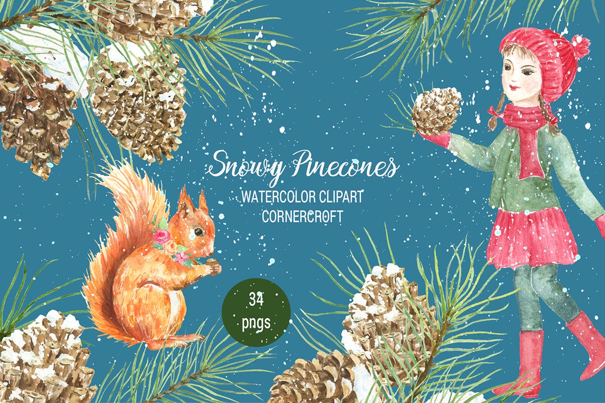 雪花松果圣诞节主题水彩系列插画套装 Watercolor Snowy Pinecones