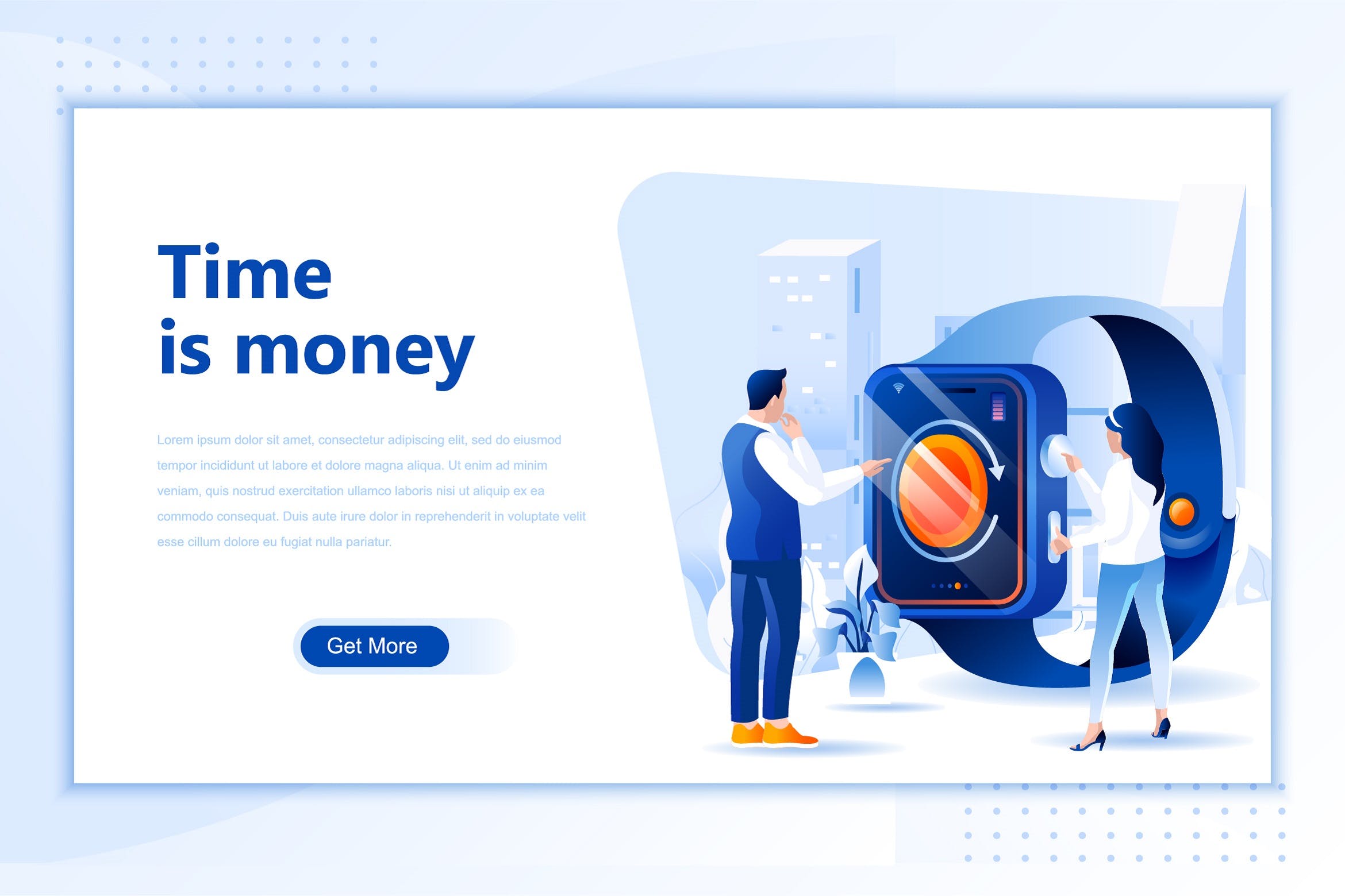 时间就是金钱主题网站设计矢量插画素材 Time Is Money Flat Landing Page Header
