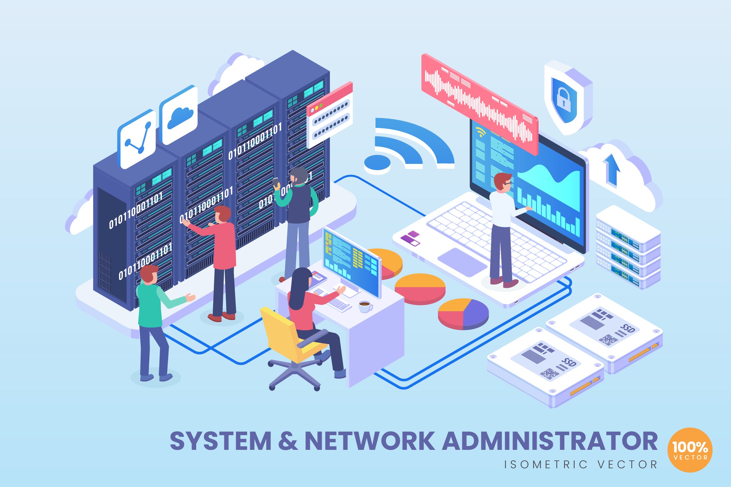 系统与网络管理主题2.5D矢量等距概念插画 Isometric System & Network Administrator Vector