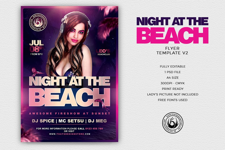 夜店俱乐部派对宣传海报PSD模板V2 Night at the Beach Flyer PSD V2