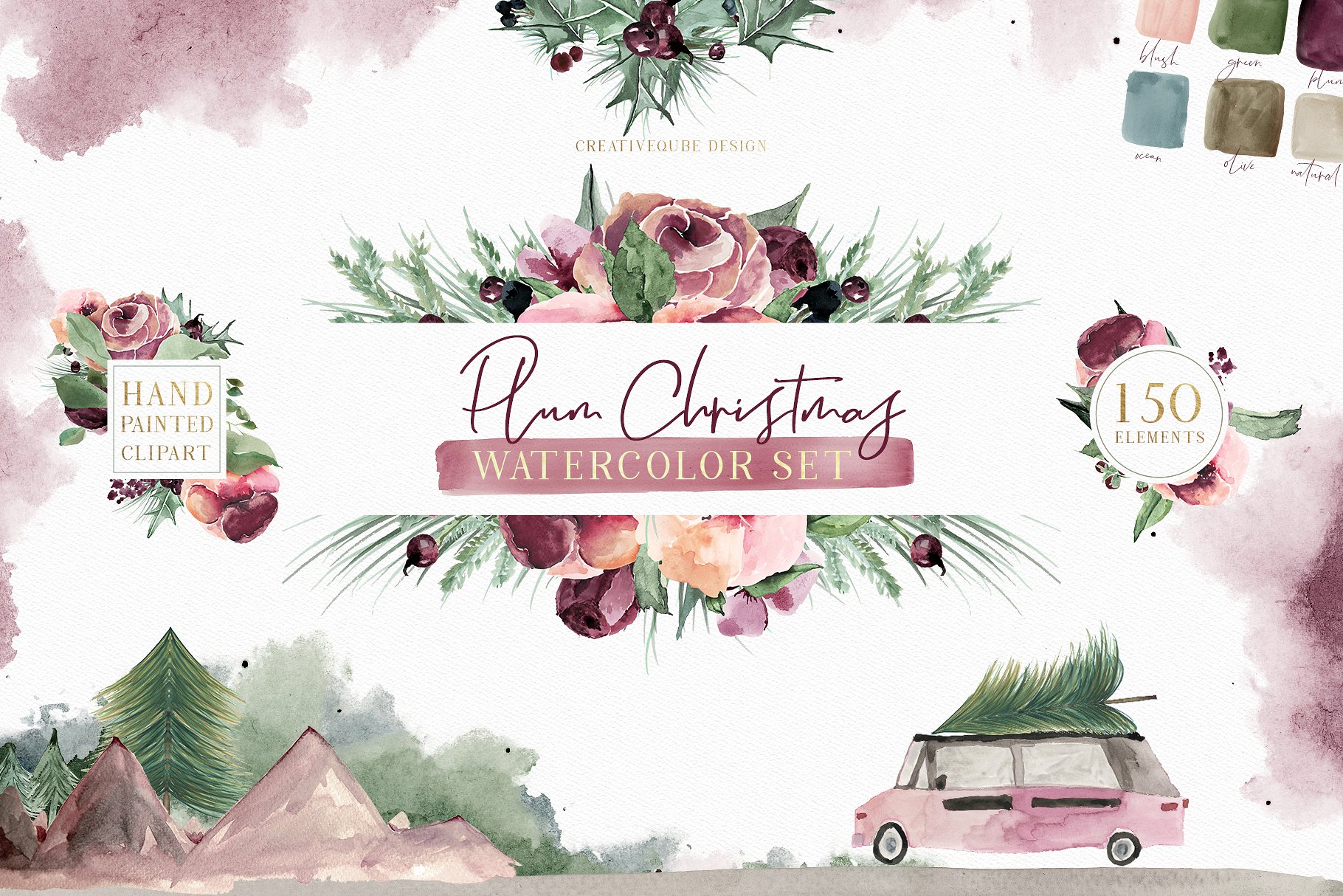 梅花圣诞水彩剪贴画 Plum Christmas Watercolor Clipart