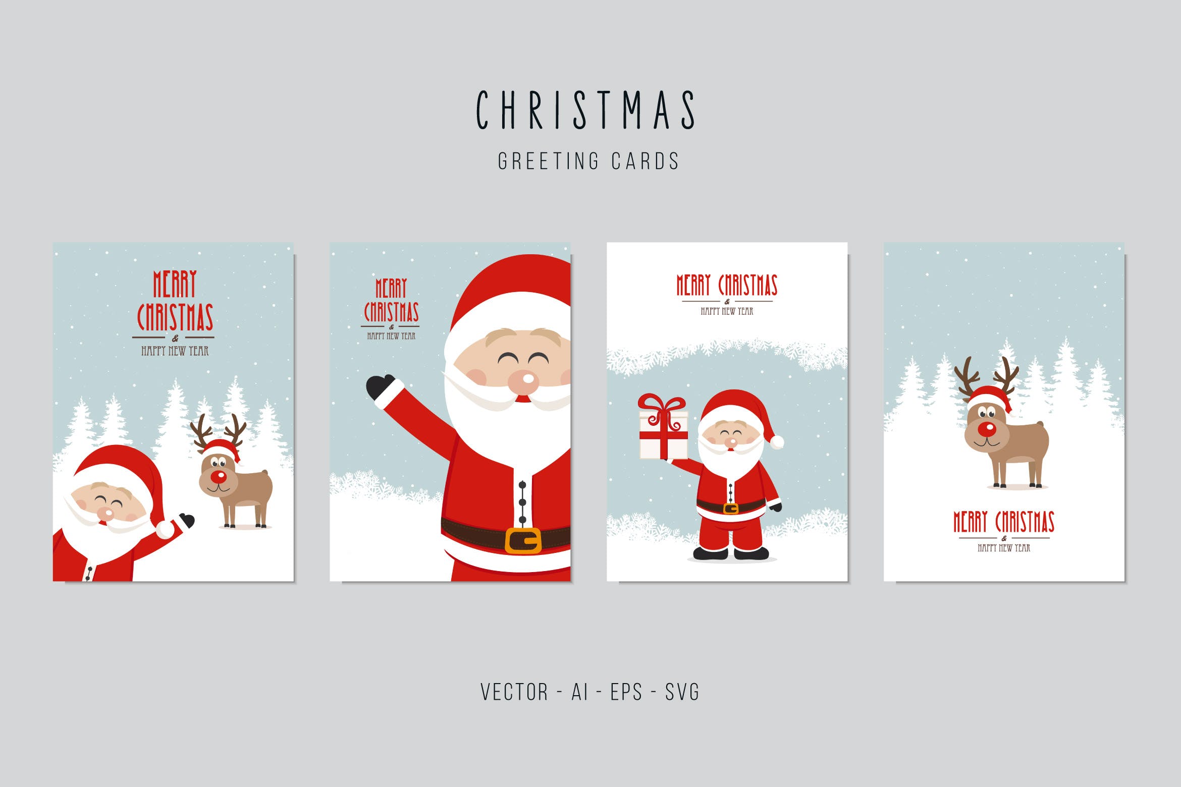 圣诞老人&驯鹿矢量圣诞节贺卡设计模板 Christmas Santa Claus and Reindeer Vector Card Set