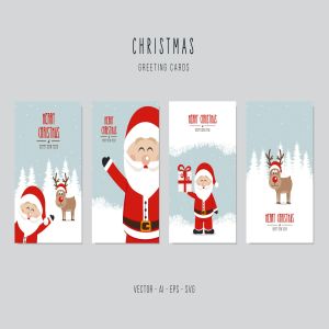 圣诞老人&驯鹿矢量圣诞节贺卡设计模板 Christmas Santa Claus and Reindeer Vector Card Set