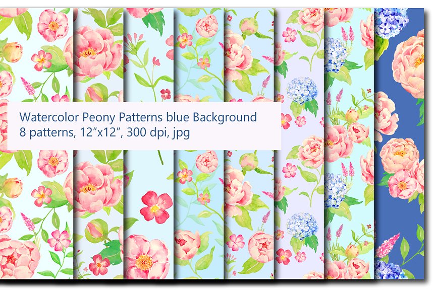 经典蓝色主题无缝水彩牡丹绣球图案 Peach Peony Hydrangea Blue Pattern