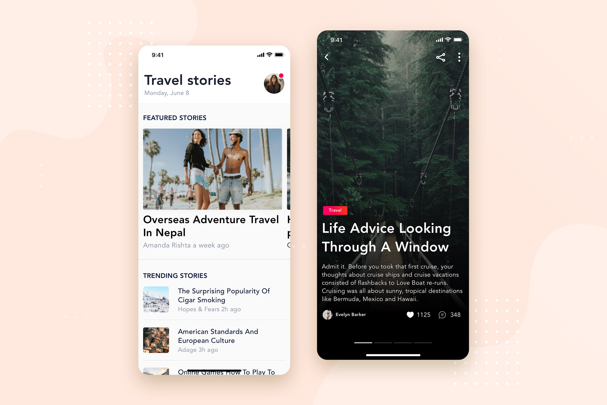社交APP应用文章列表&详情界面设计模板v1 Social – Articles Mobile Interface Concept