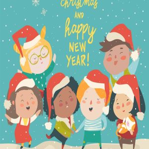 圣诞节主题儿童矢量插画[雪花背景] Group of children different nationalities in chris