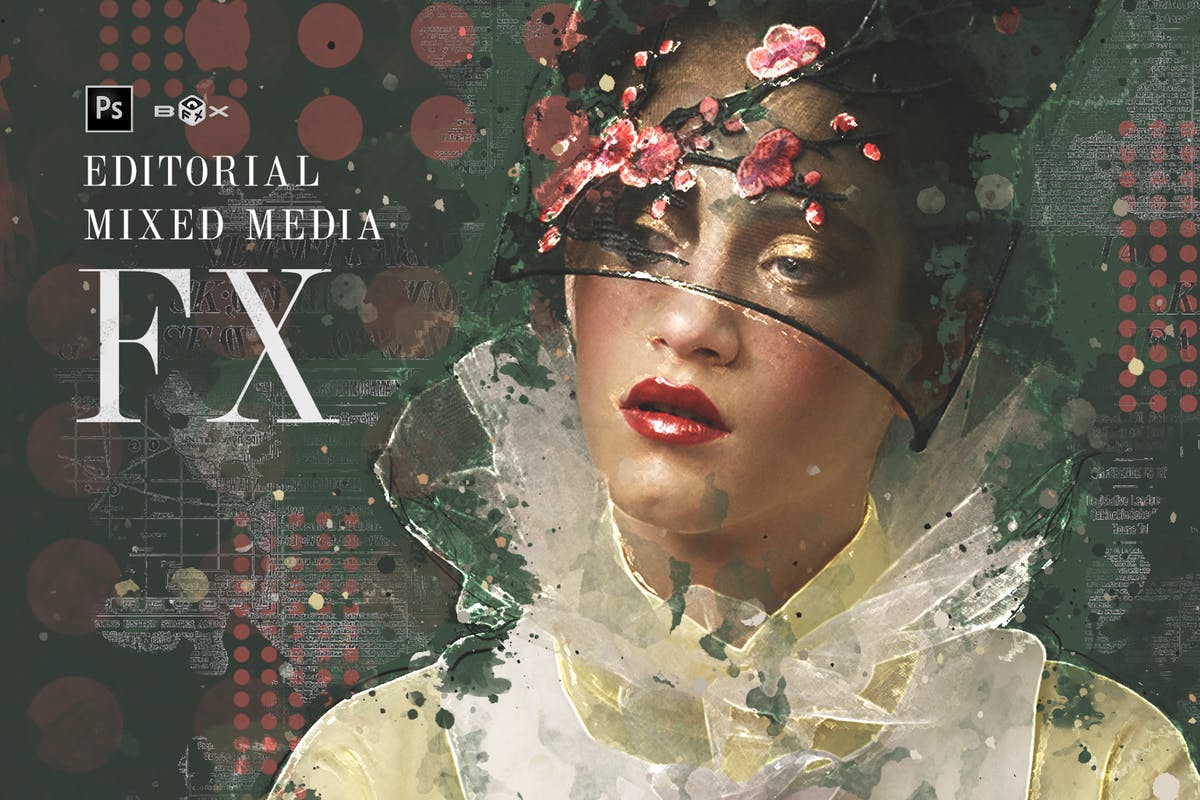 怀旧复古做旧混合艺术效果生成PS动作 Editorial Mixed Media FX Photoshop Add-On