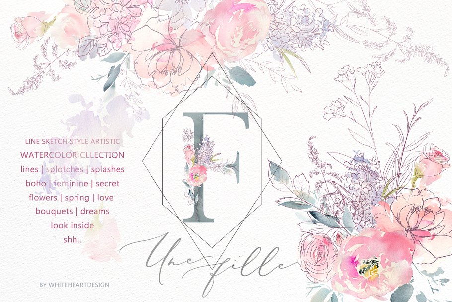 极力推荐：梦幻水彩花卉&涂鸦线条素材包 Une Fille Watercolor Artistic Set [2.7GB]