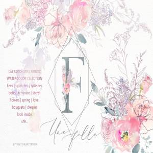 极力推荐：梦幻水彩花卉&涂鸦线条素材包 Une Fille Watercolor Artistic Set [2.7GB]
