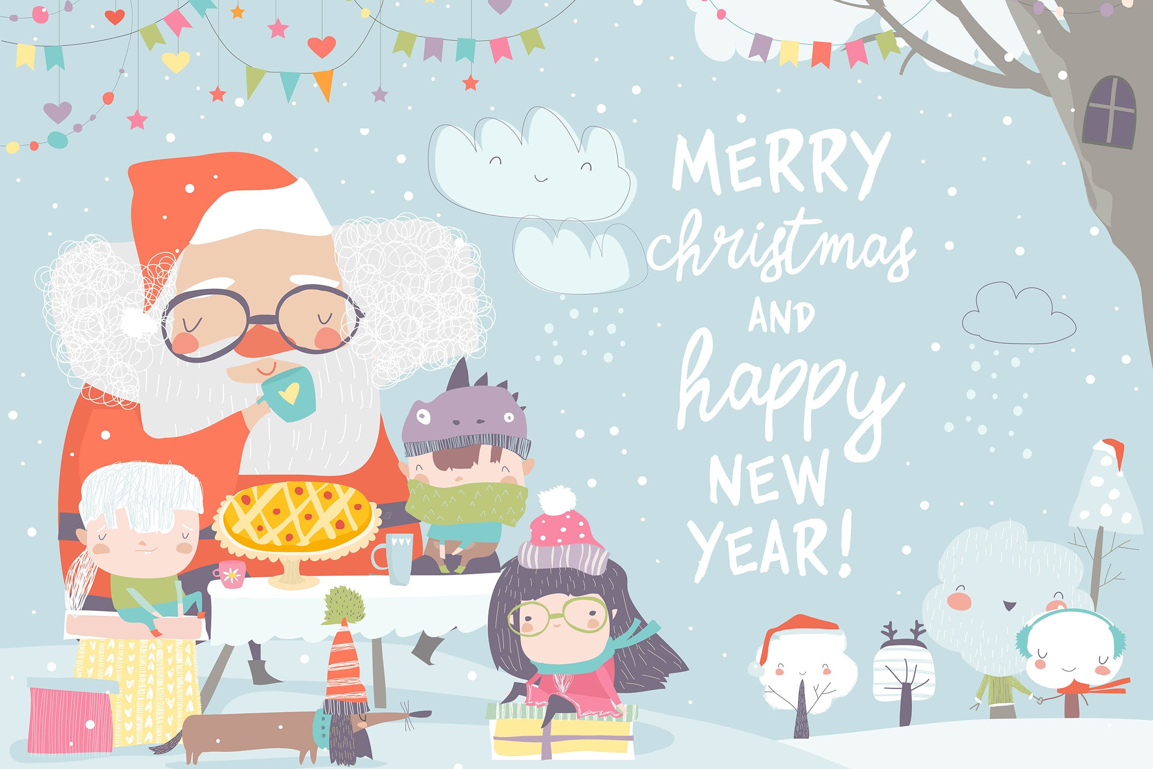圣诞老人&快乐儿童茶话会场景矢量插画素材 Santa Claus drinking tea with happy children. Vect