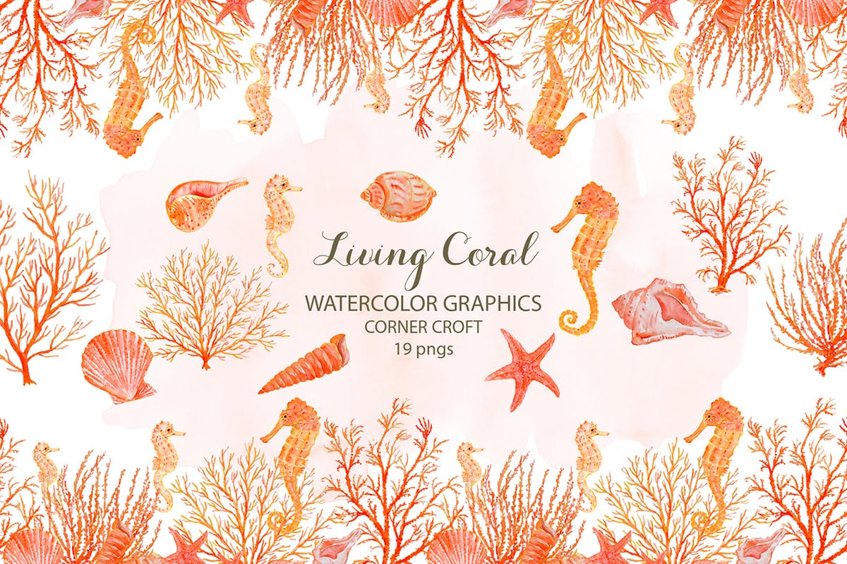 海洋生物水彩插画素材 Watercolor clipart living Coral