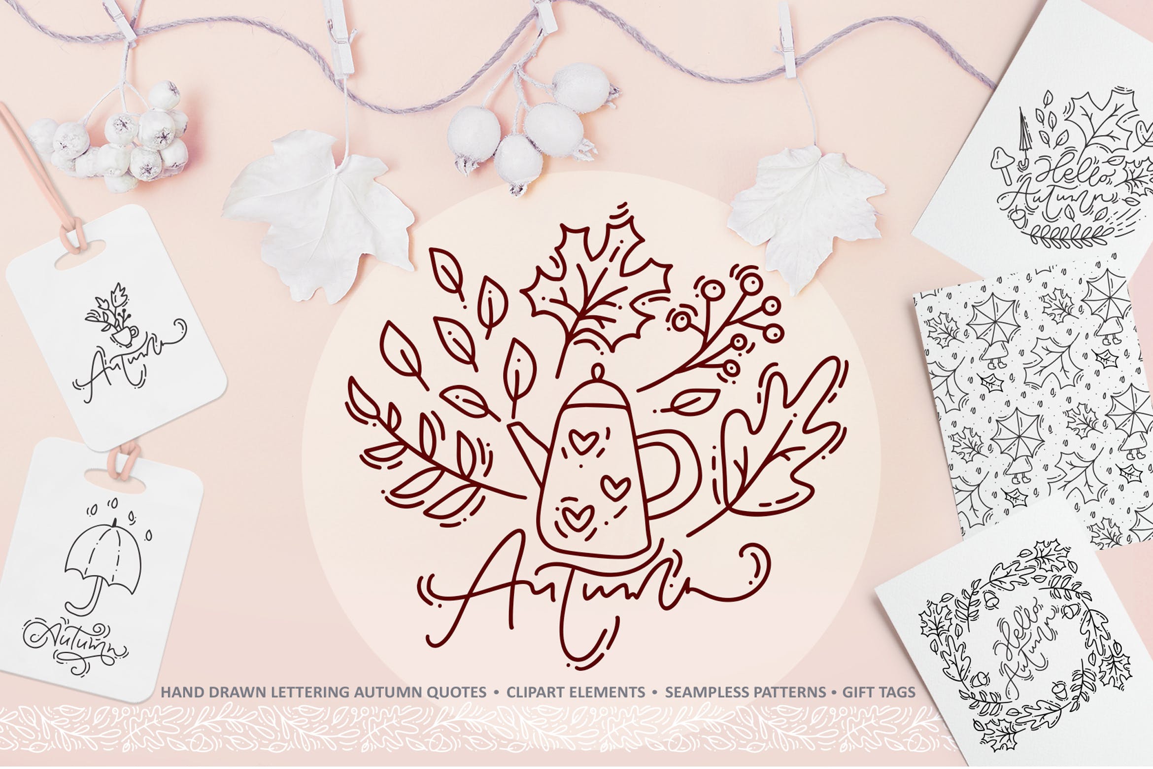 秋季花卉元素手绘线条画矢量插画素材 Monoline vector autumn floral elements