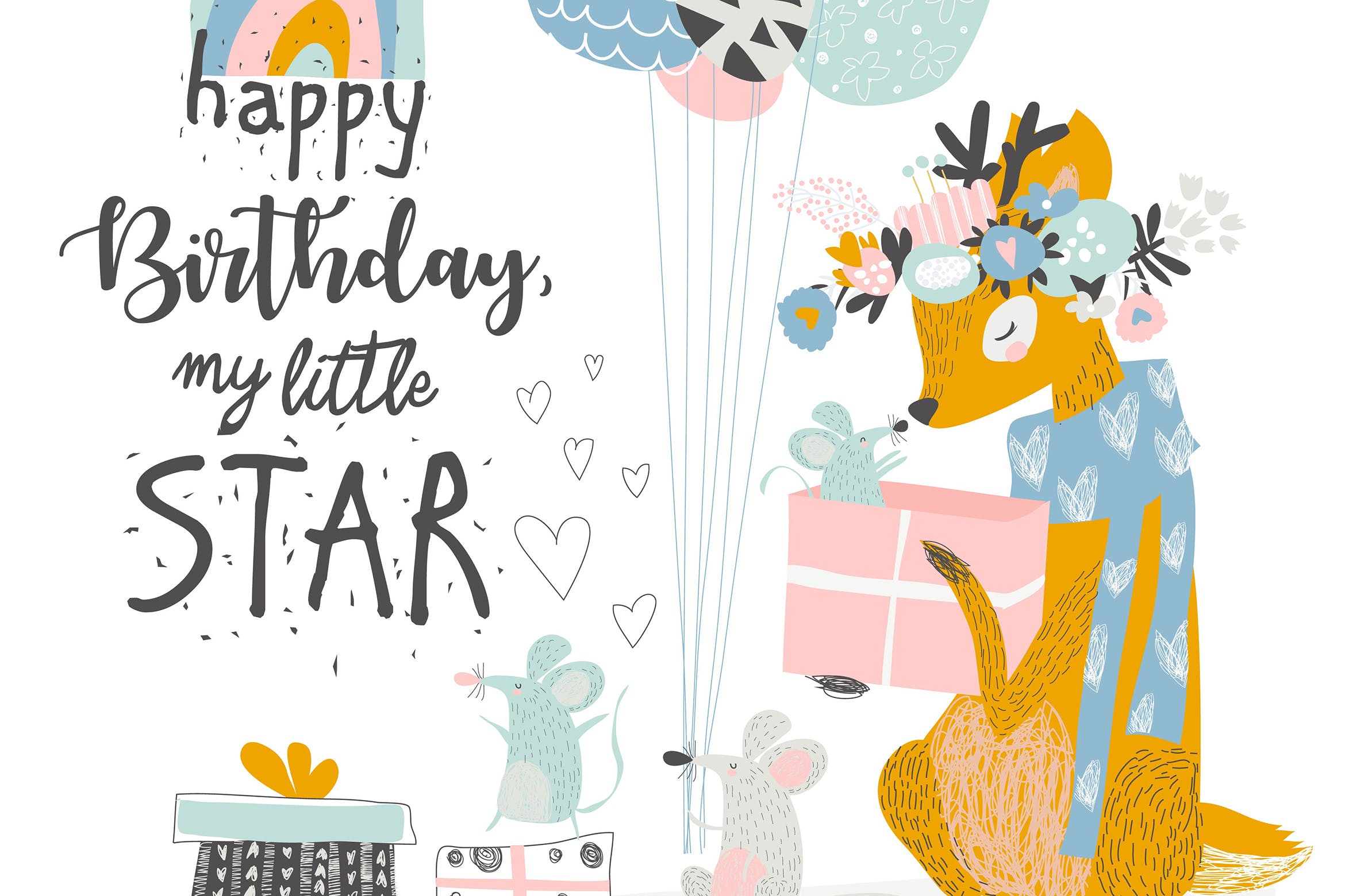 可爱麋鹿&老鼠矢量动物手绘插画设计素材 Vector Greeting Birthday card with cute deer and m