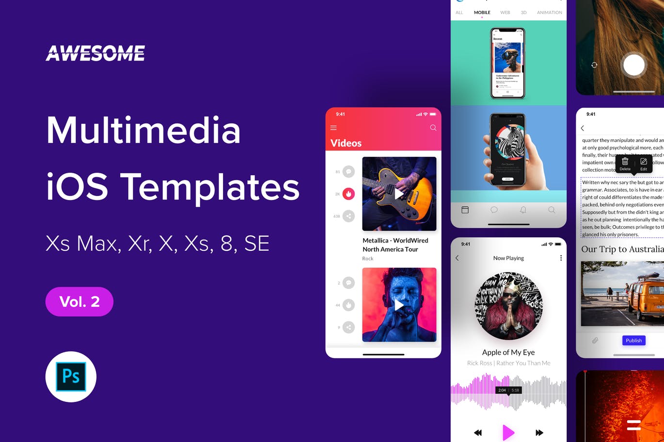 iOS手机多媒体APP应用UI设计套件PSD模板v2 Awesome iOS UI Kit – Multimedia Vol. 2 (Photoshop)