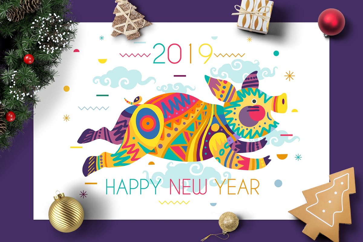 部落彩绘风格2019年猪年新年贺卡海报设计模板 2019 New Year With Pig In Tribe Style