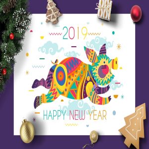 部落彩绘风格2019年猪年新年贺卡海报设计模板 2019 New Year With Pig In Tribe Style