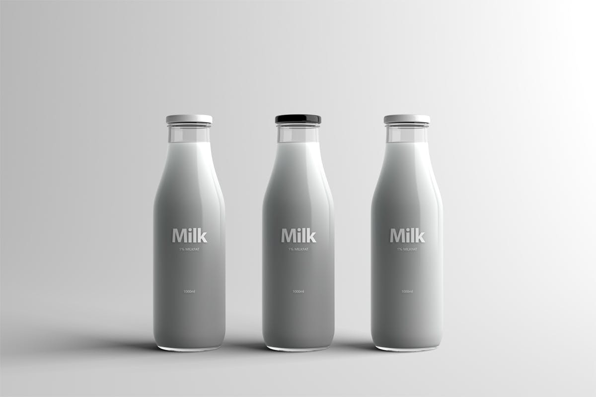 玻璃牛奶瓶牛奶品牌Logo设计展示样机模板 Milk Bottle Packaging Mock-Up