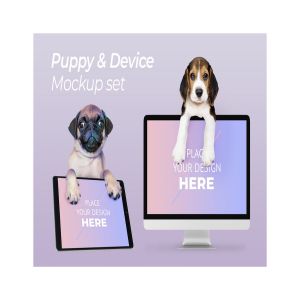 宠物主题网站设计演示电脑样机模板 Dog with Computer Mockup插图1