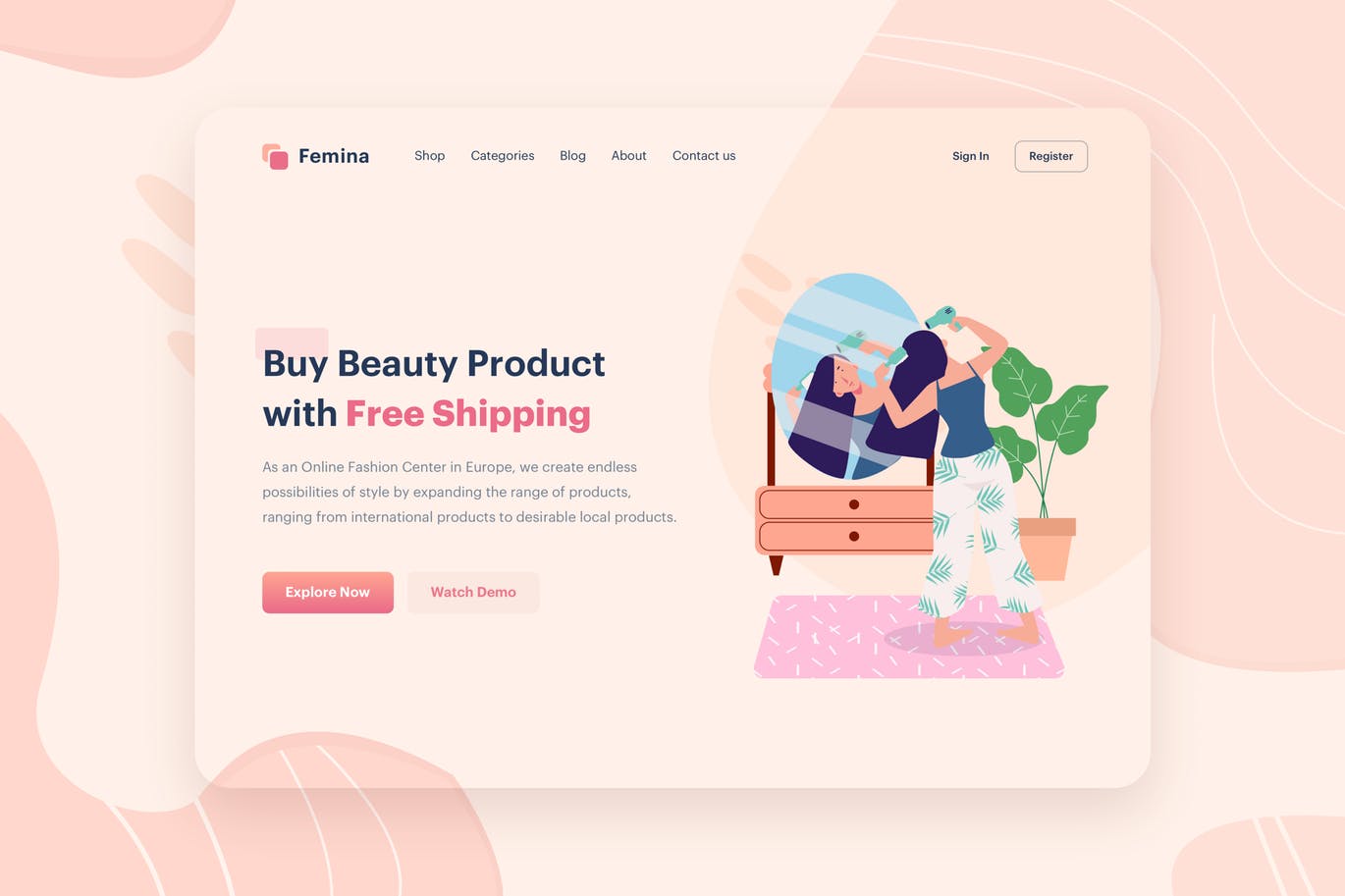 美容产品营销网站矢量插画设计素材 Beauty Product Illustration – Website Header