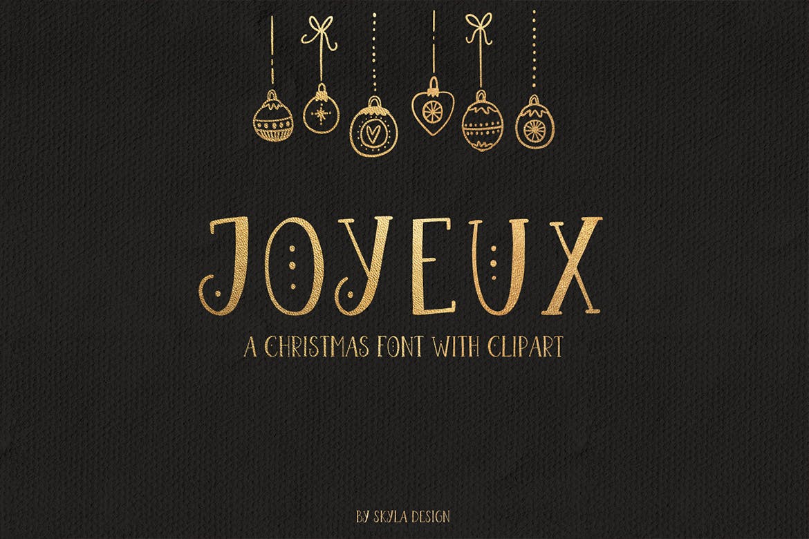 圣诞节主题英文无衬线字体&剪贴画素材 Joyeux Christmas font & clipart