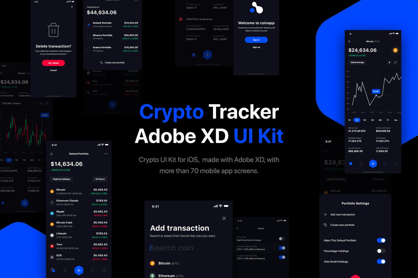 比特币等加密货币APP应用设计UI套件 Crypto Portfolio Tracker UI Kit for iOS