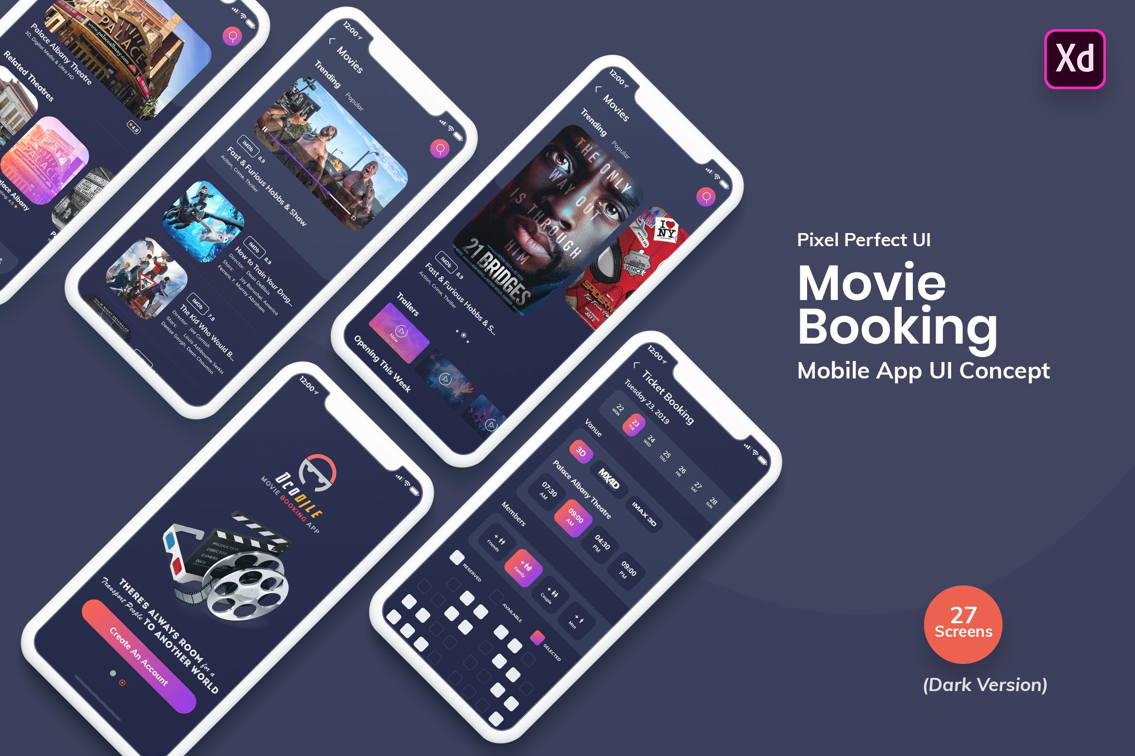电影在线选座订票APP应用UI设计XD模板[夜间模式版本] Ocodile-Movie Booking Mobile App UI Kit Dark (XD)