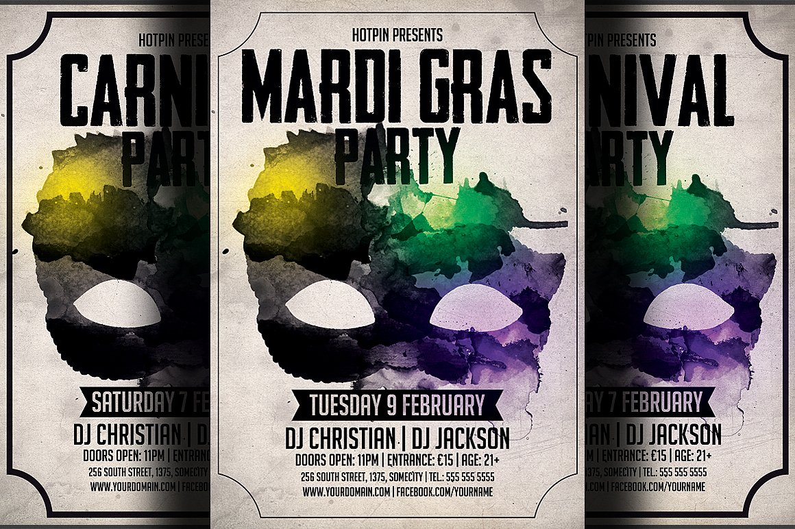狂欢节派对活动传单模板 Carnival & Mardi Gras Party Flyer