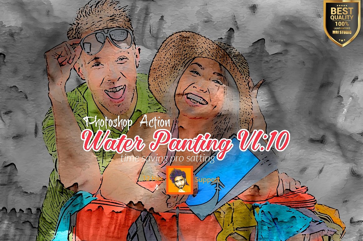快速转简笔水彩手绘效果PS动作 Water Panting Photoshop Action Vl10