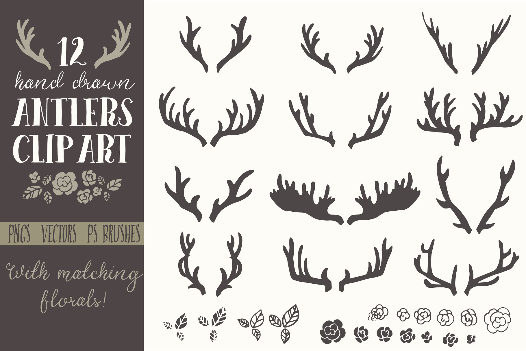 手绘鹿角圣诞元素矢量剪贴画 Hand Drawn Antlers Clip Art – Vector