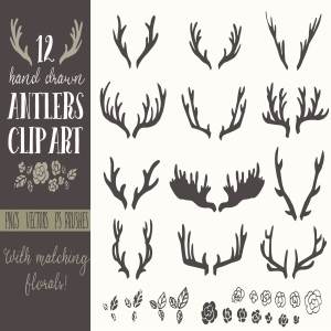 手绘鹿角圣诞元素矢量剪贴画 Hand Drawn Antlers Clip Art – Vector