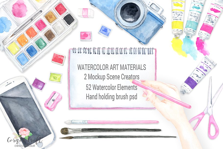 水彩设计元素素材包 Watercolor Art Material Mockup