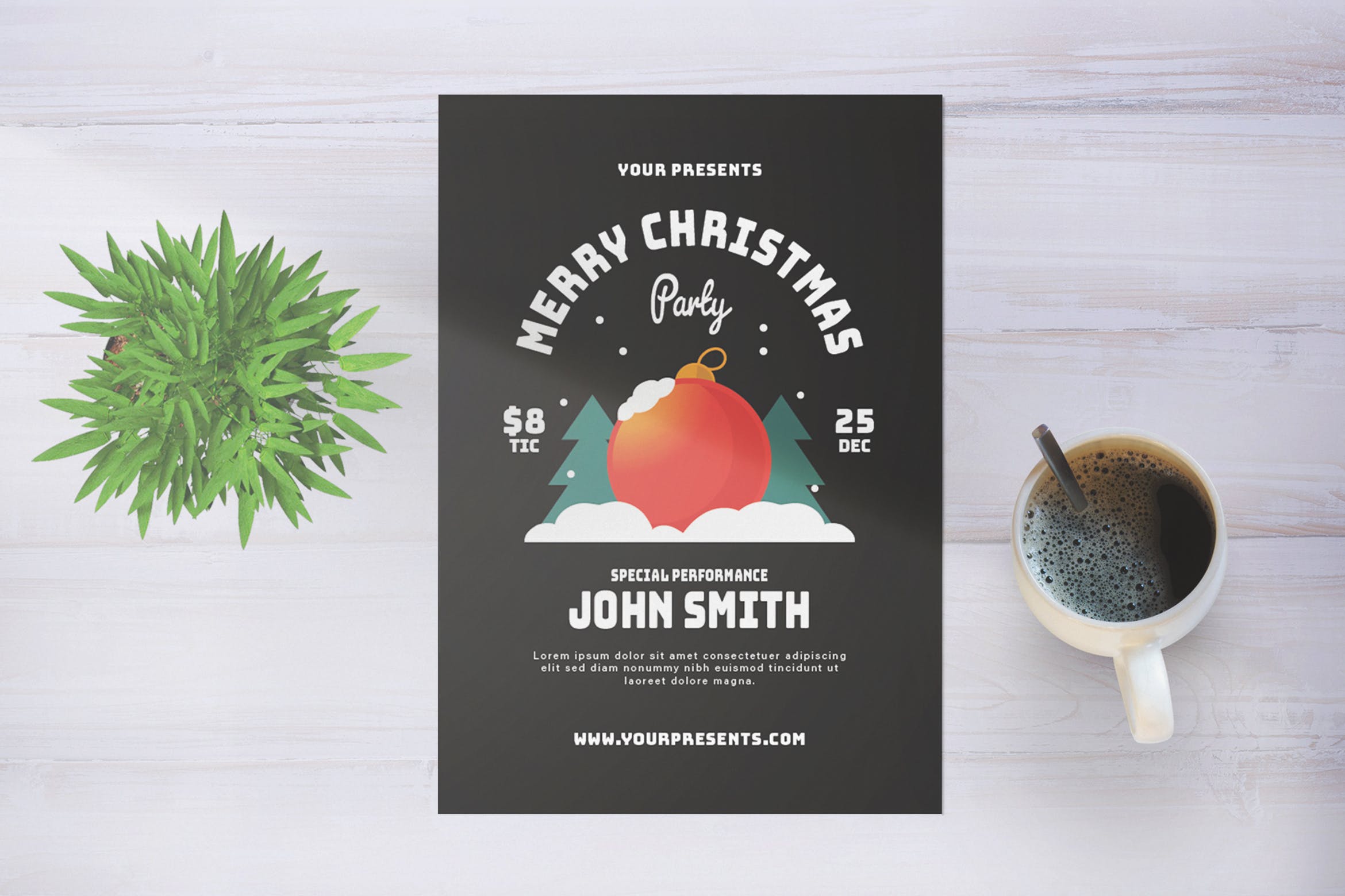 圣诞装饰球背景圣诞节派对入场门票海报传单模板 Merry Christmas Party