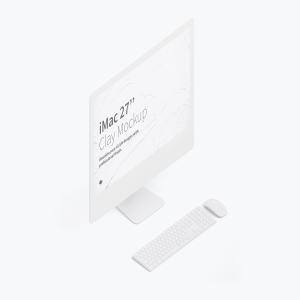 27寸iMac一体机等距左视图黏土样机模板 Clay iMac 27” Mockup, Isometric Left View