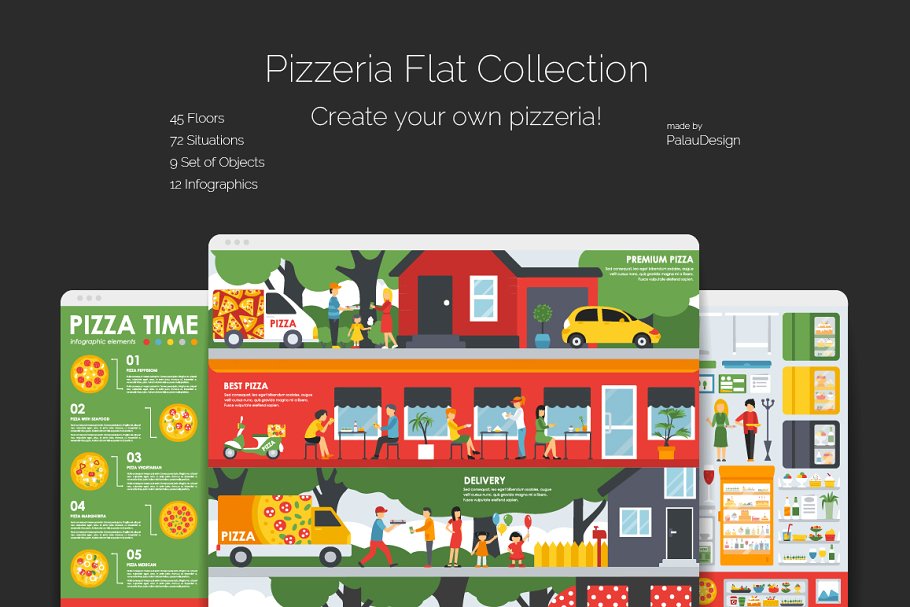 披萨主题场景扁平风格设计元素合集 Pizzeria Flat Collection