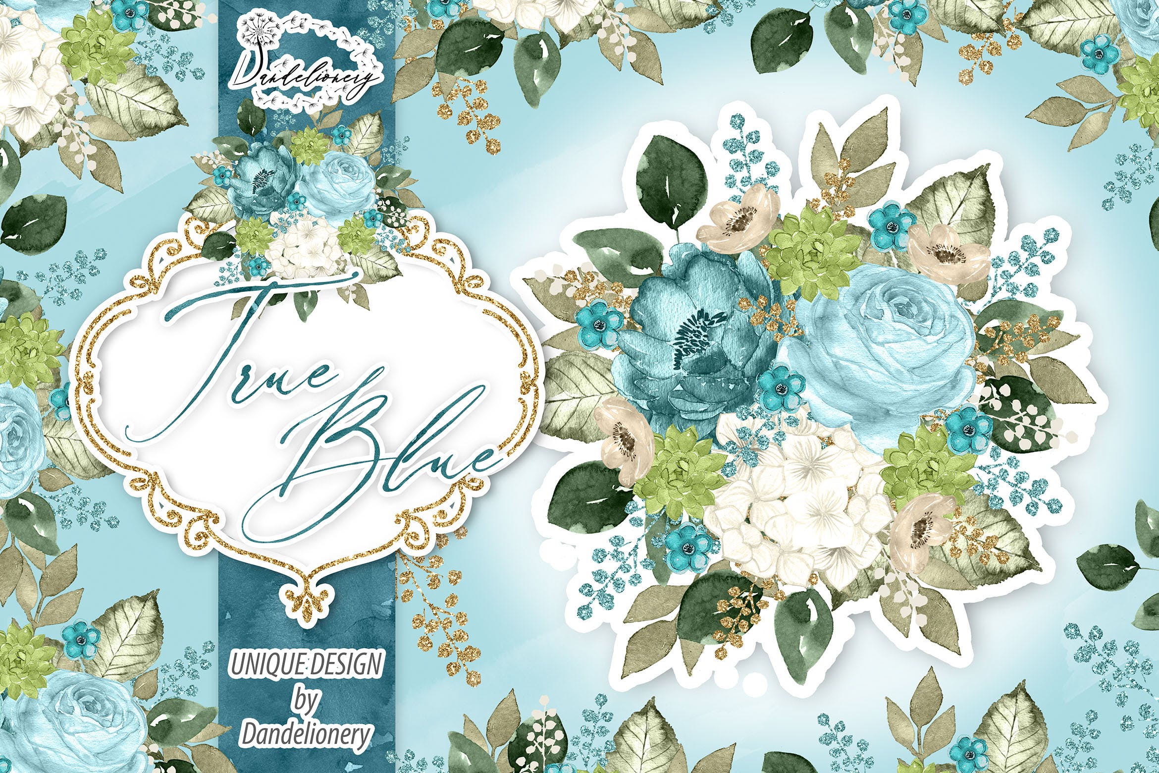 逼真蓝色水彩花卉手绘剪贴画PNG素材 Watercolor True Blue design