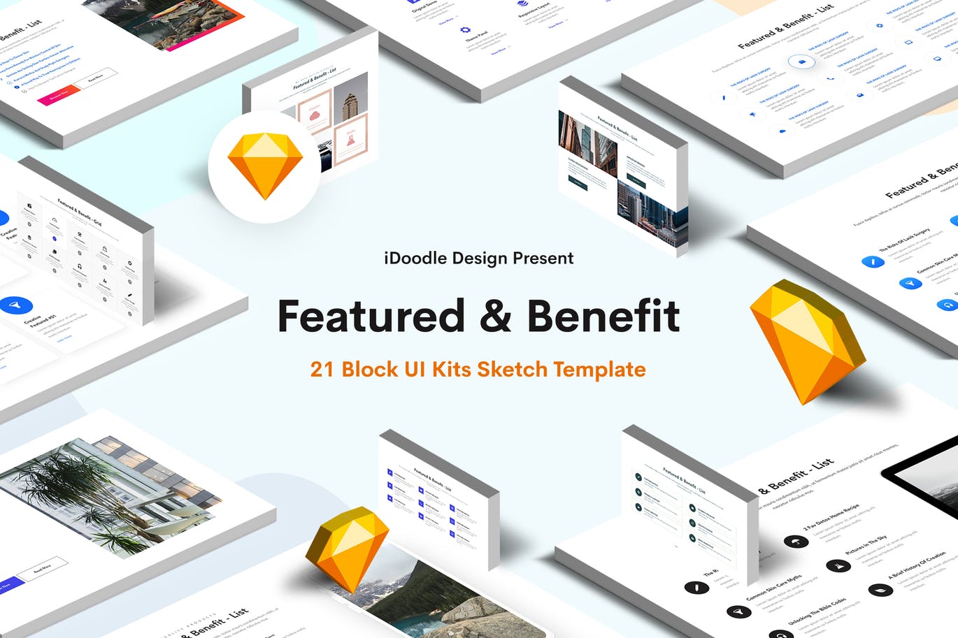 企业网站产品/服务特色板块UI设计模板 Featured & Benefit Sketch Block UI Kits Website
