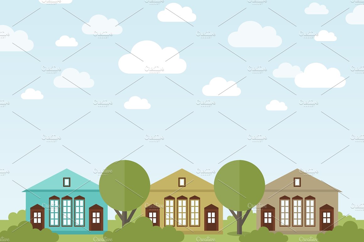 别墅住宅及园林景观矢量插画