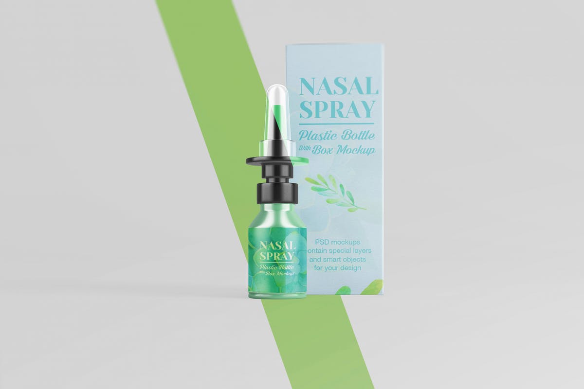 滴鼻药剂塑料瓶及包装盒外观设计样机 Nasal Plastic Bottle With Box Mockup