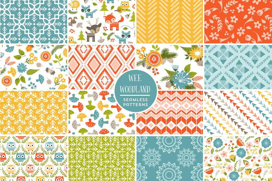 可爱的森林动物花卉几何背景 Cute Wee Woodland Repeat Patterns