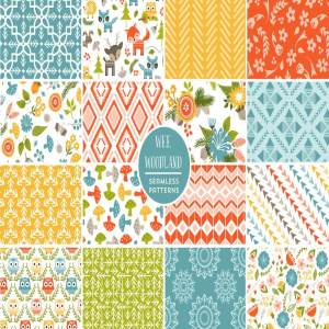 可爱的森林动物花卉几何背景 Cute Wee Woodland Repeat Patterns