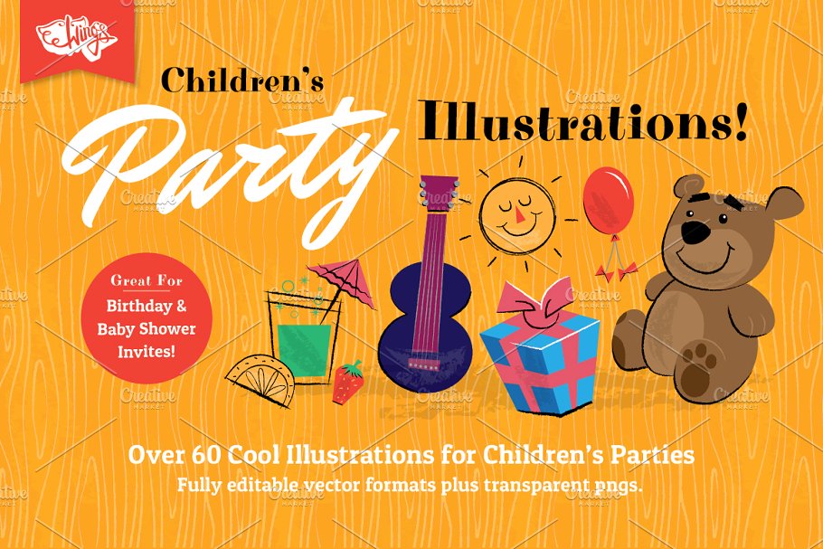 复古彩色风格儿童聚会派对插图 Children’s Party Illustrations