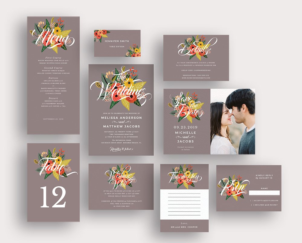 鲜花盛开婚礼邀请函设计模板 In Between the Blooms Invitations