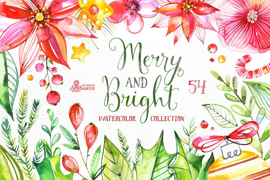 欢快明亮水彩花卉插画 Merry And Bright. Watercolor