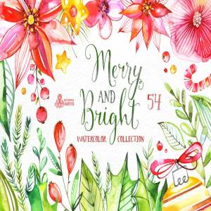 欢快明亮水彩花卉插画 Merry And Bright. Watercolor