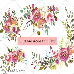 桃色牡丹水彩花卉套装 Peach Peonies Watercolor Flowers Set