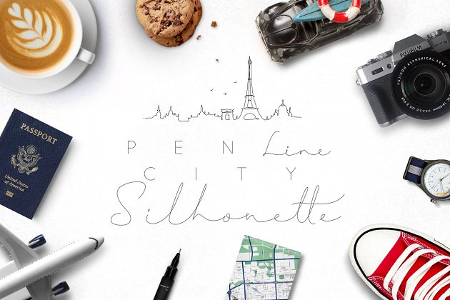 钢笔素描城市轮廓 Pen Line City Silhouette