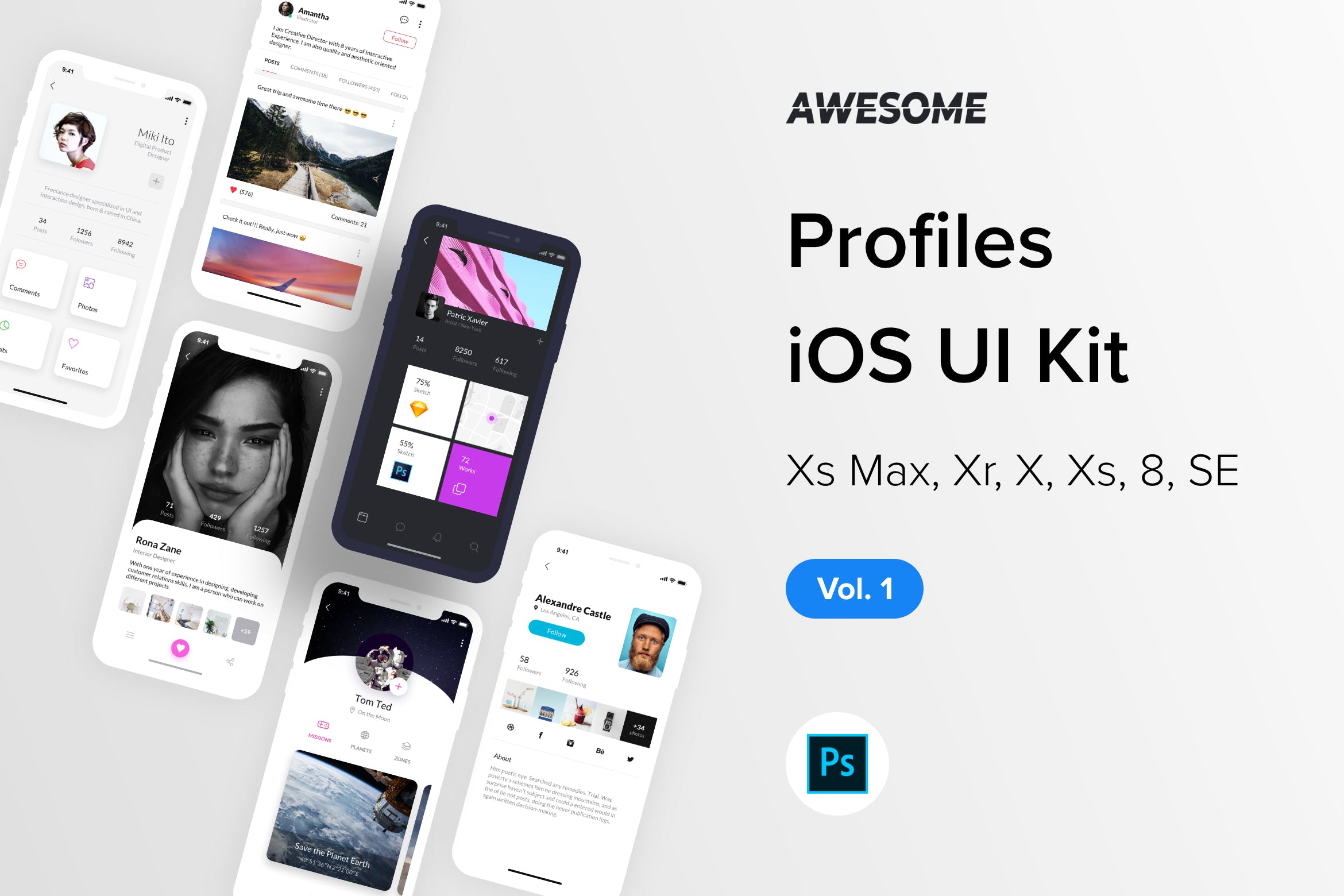 iOS平台职场社交APP应用个人中心界面设计UI套件PSD模板v1 Awesome iOS UI Kit – Profiles Vol. 1 (Photoshop)